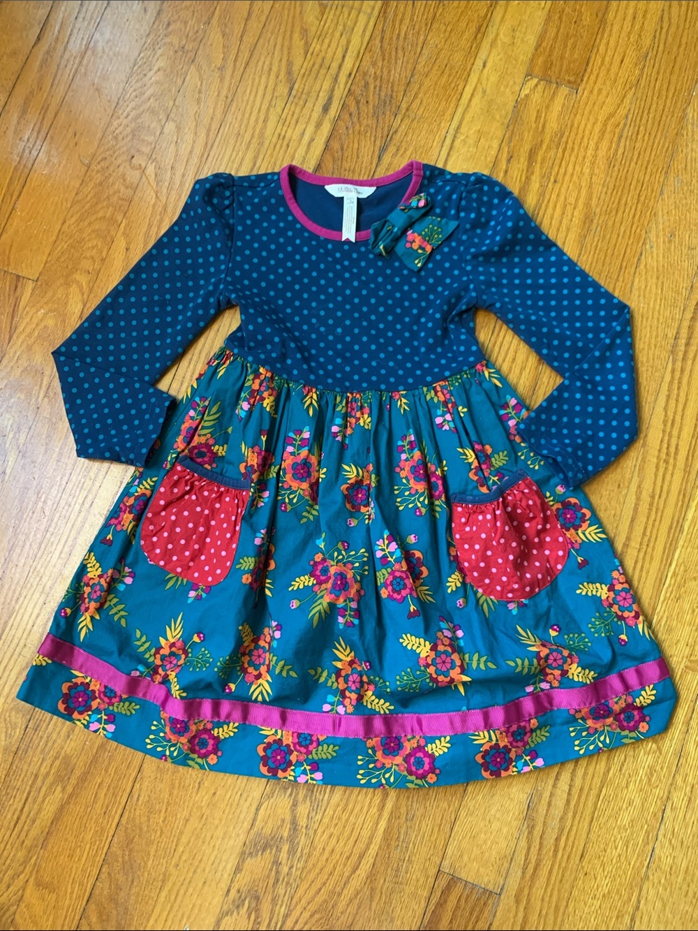 Matilda Jane Merry Merry Teal Floral Long-Sleeve Dress with Pink Pockets Size 6